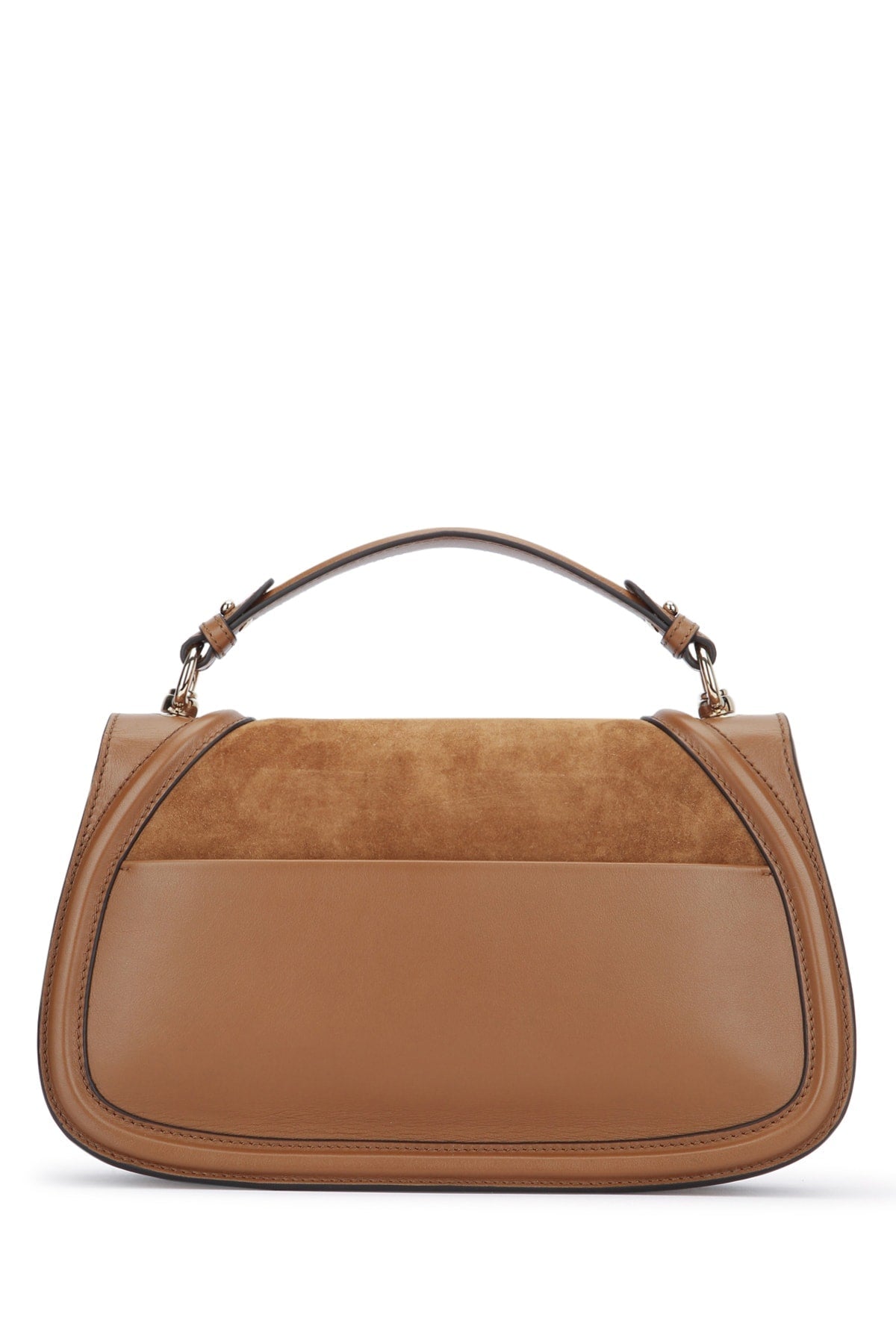 Brown handbag with a strap on a white background
