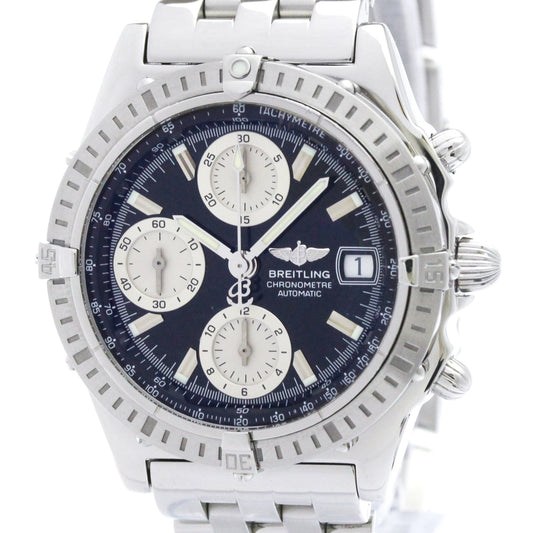 A Breitling chronometristic automatic watch with a silver stainless steel case and bracelet, featuring a dark blue dial with three white subdials and a date window.