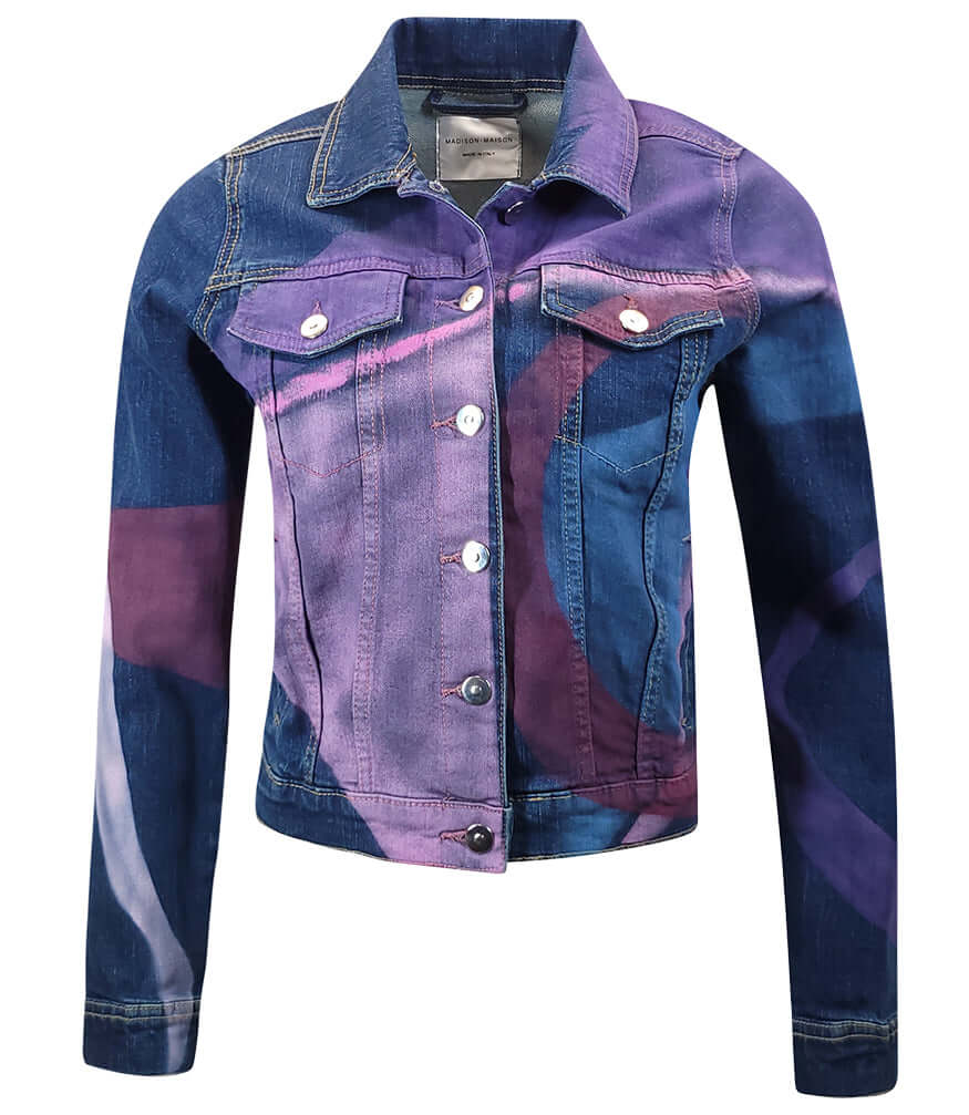 Denim jacket with purple and blue gradient design on a white background