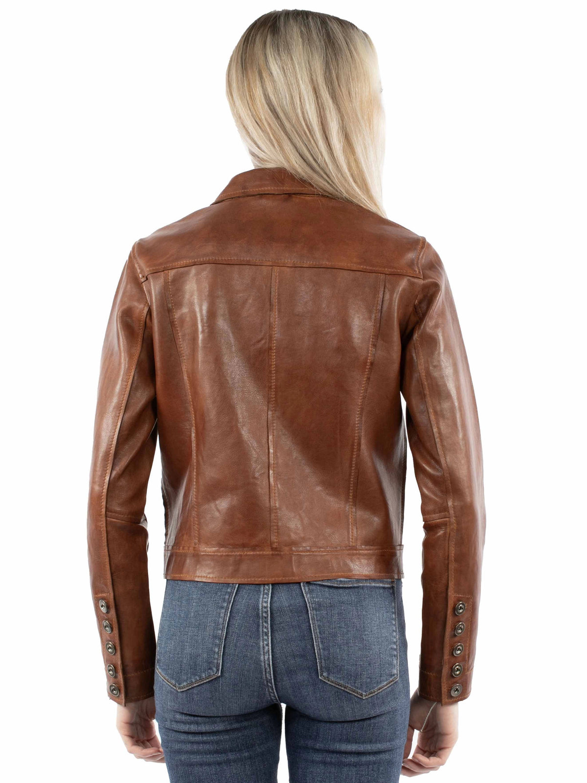 Brown leather jacket worn by a person on a white background