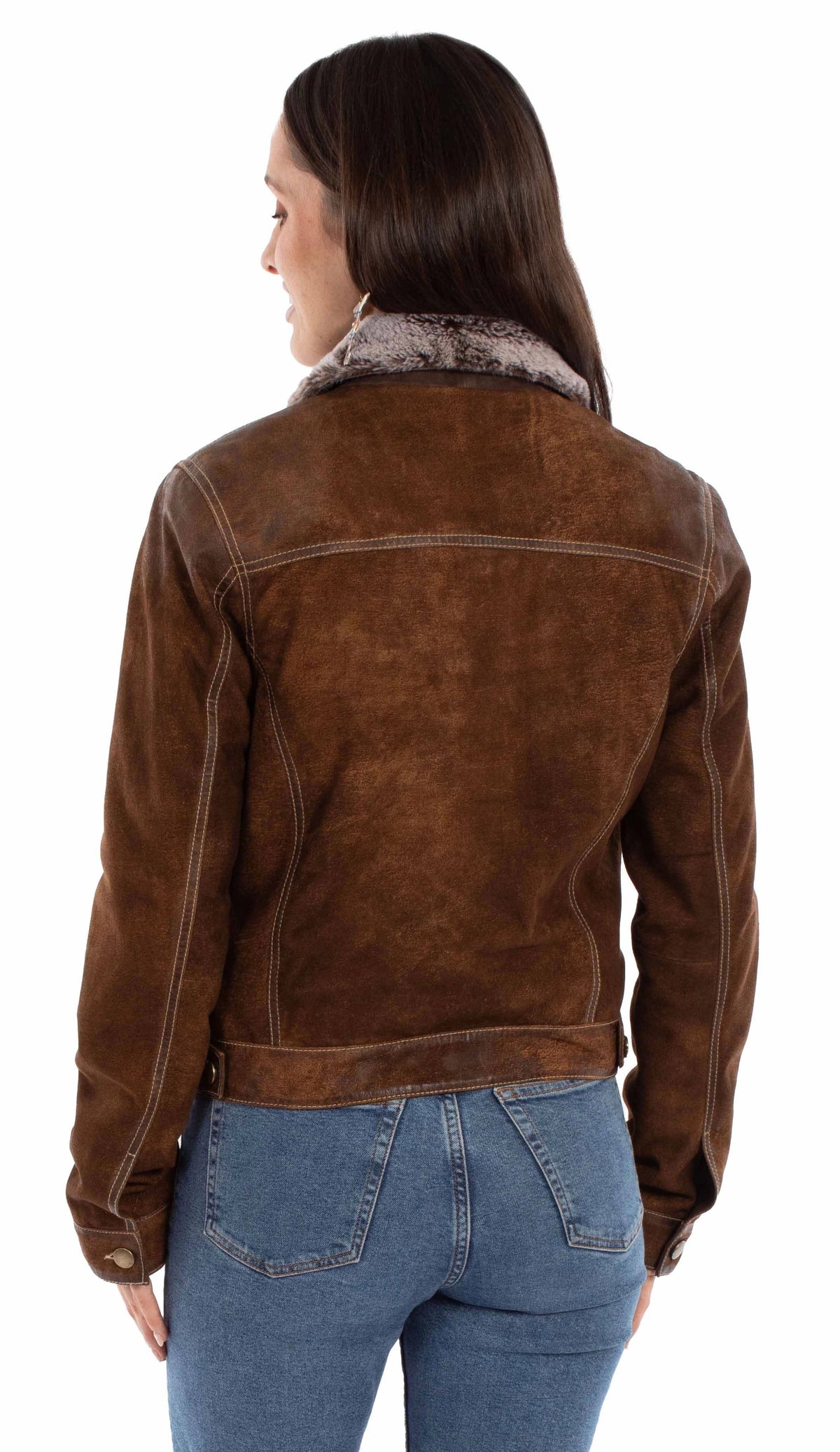 Brown suede jacket with fur collar worn by a person on a white background