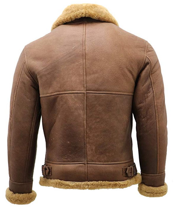 Brown leather jacket with fur lining on a white background