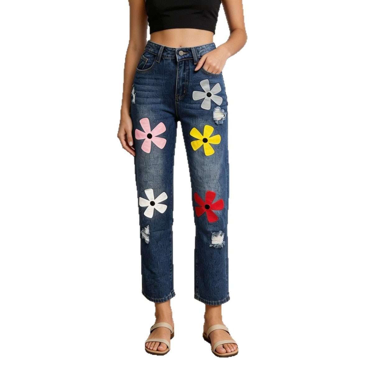 Fashionable And Versatile Womens Denim Jeans With A Dopamine Print