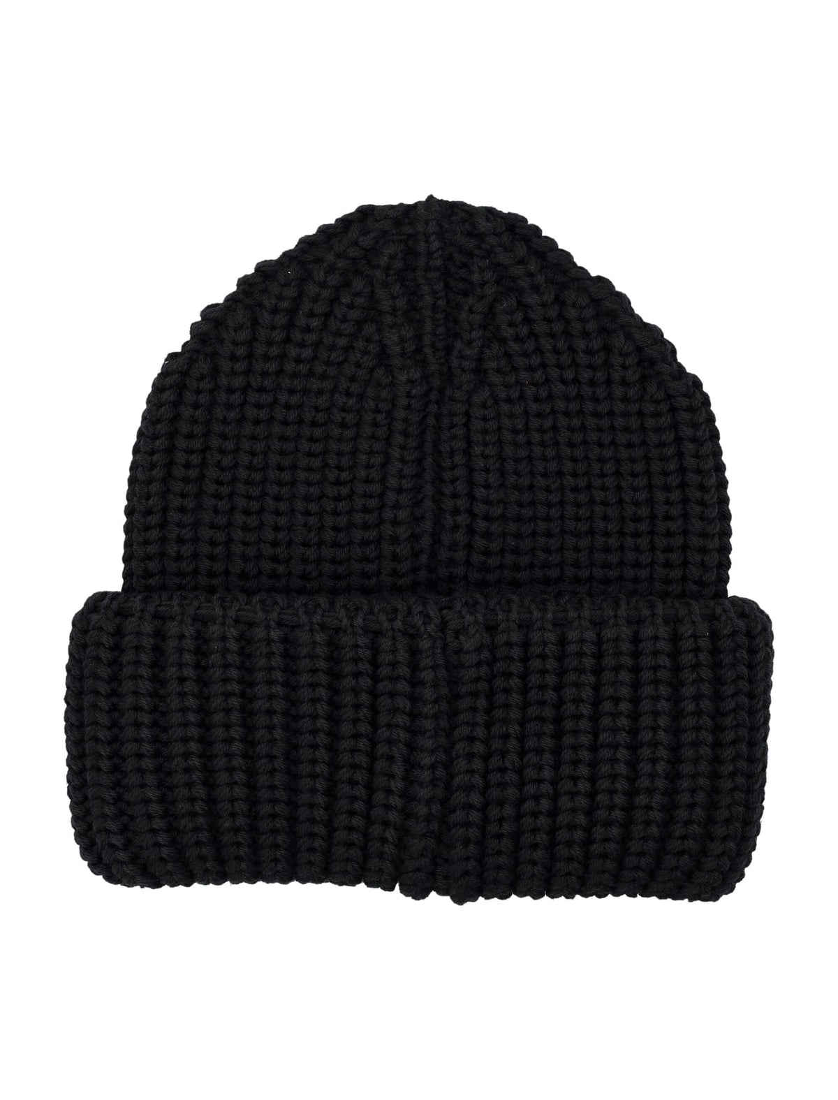 A black ribbed knit beanie hat shown against a plain white background.