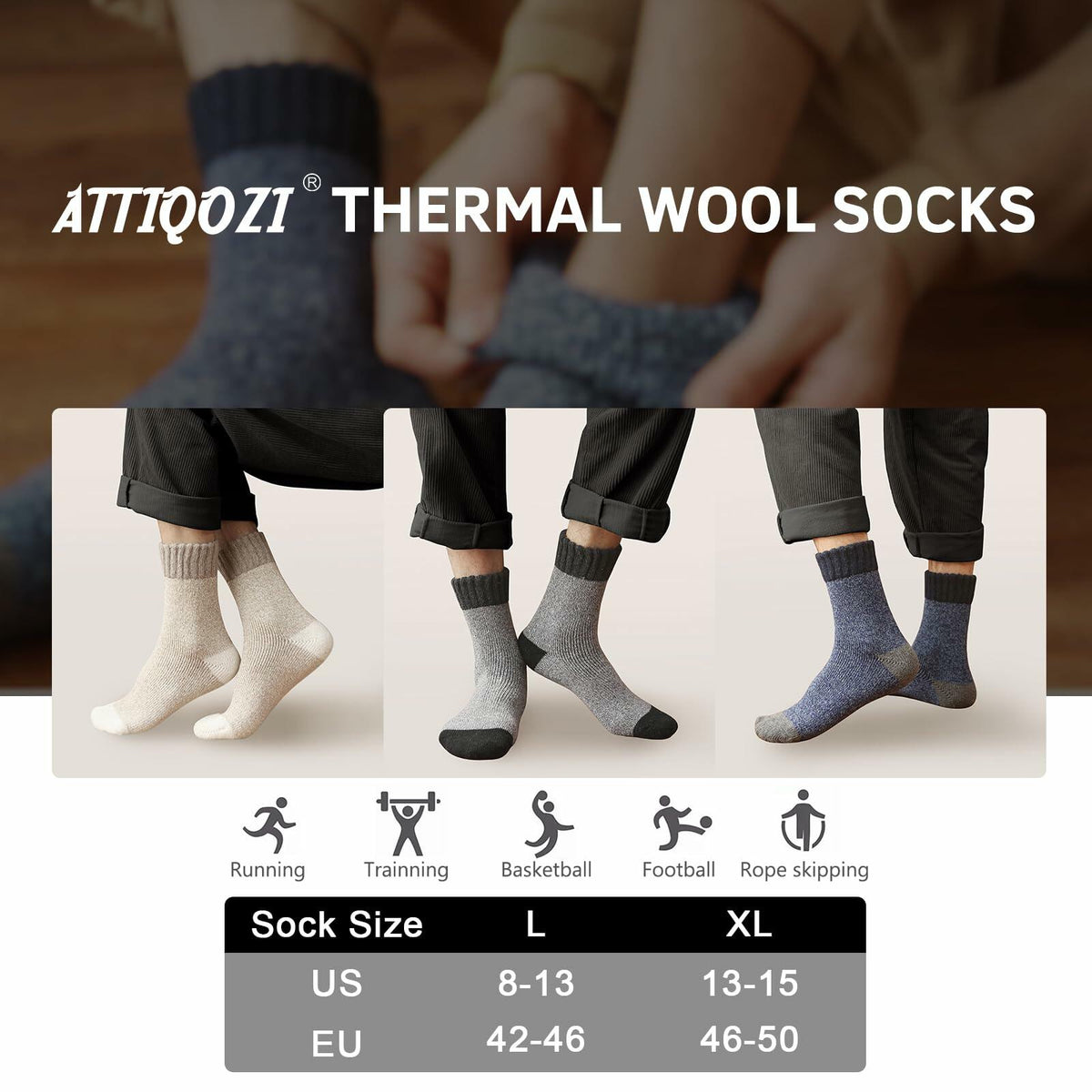 ATTIQOZI Men's Merino Wool Thermal Crew Socks Gray Khaki Blue 6 Pairs Size 8-13