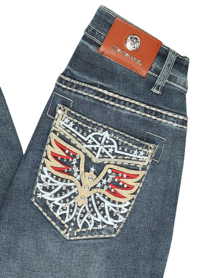 Blue jeans with a decorative pocket featuring an eagle design on a white background