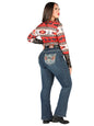 A woman shown from the back wearing a red, black, and white patterned long-sleeve top and dark blue jeans with a decorative embroidered pocket on the back, paired with black boots, against a plain white background.