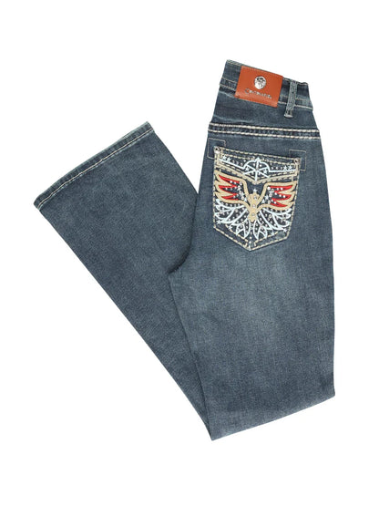 Folded blue jeans with a decorative pocket on a white background