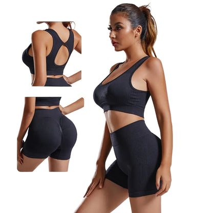 A woman modeling a black ribbed sports bra and matching high-waisted shapewear shorts against a light gray studio background, with two inset images showing the sports bra from the back and side.