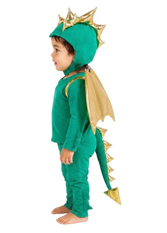 Child wearing a green and gold dragon costume on a white background