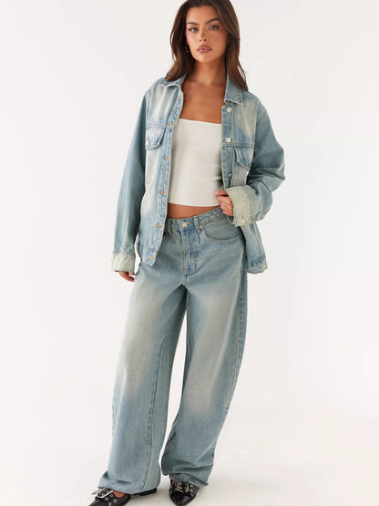 Button Up Denim Jacket and Jeans Set