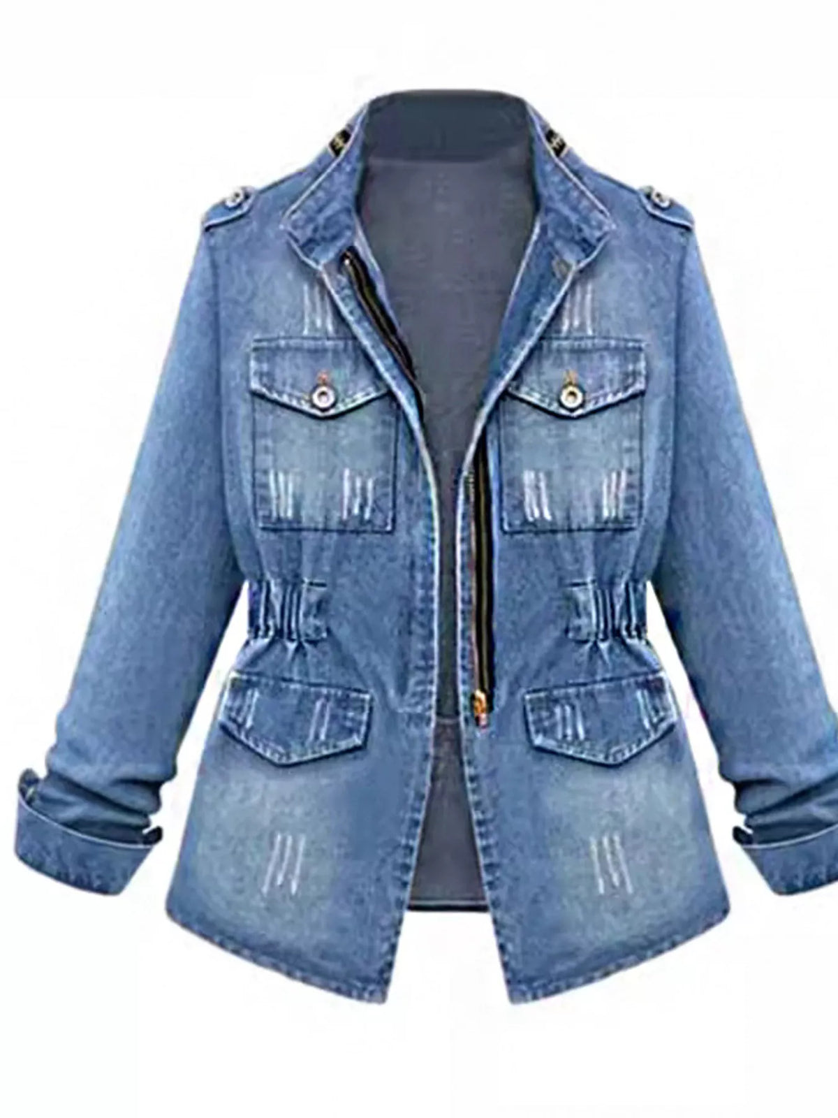 Blue denim jacket on a white background