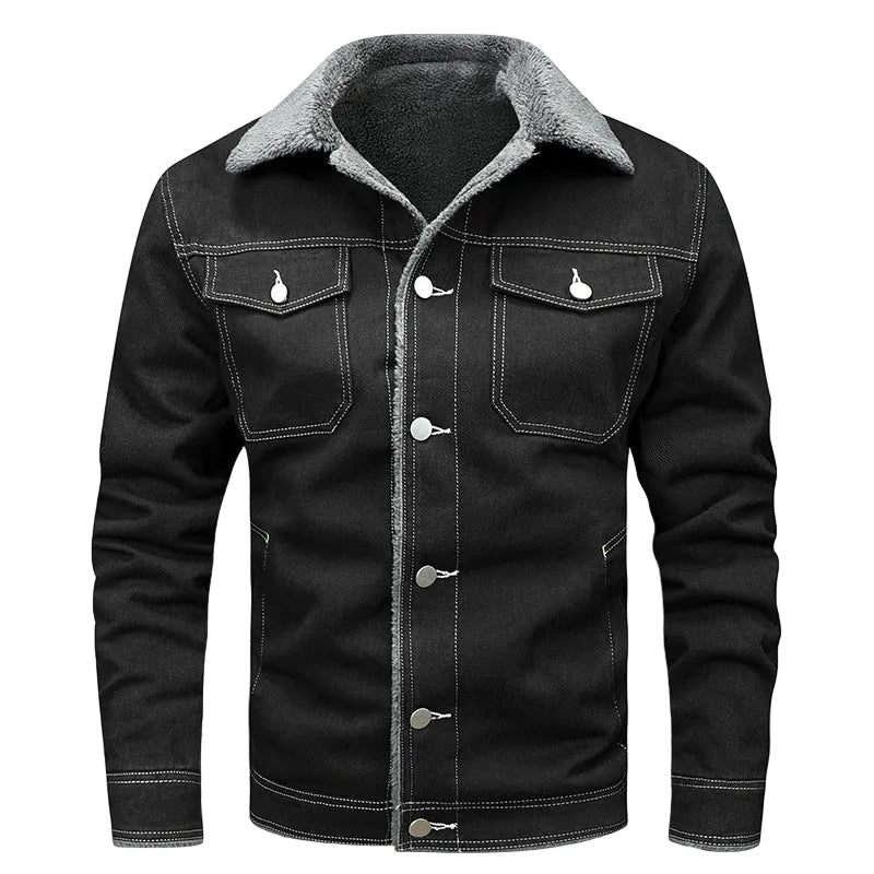 Black denim jacket with gray fleece collar on a white background