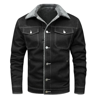 Black denim jacket with gray fleece collar on a white background