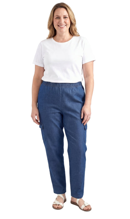 Women's Pull-On Denim Cargo Pants — Elastic Stretch Waist