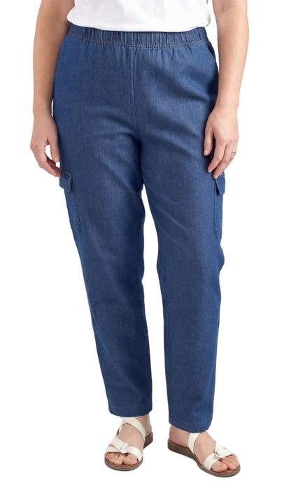 Women's Pull-On Denim Cargo Pants — Elastic Stretch Waist