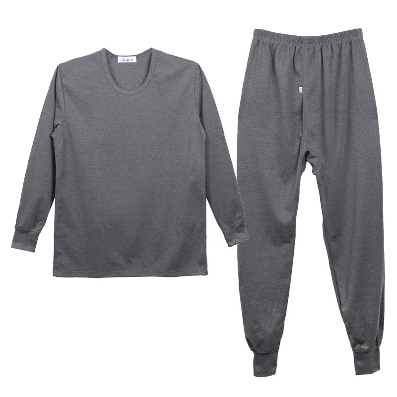 Gray long-sleeve shirt and pants set on a white background