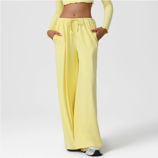 Autumn Winter Wide Leg Women Sports Pants Loose Low Waist Fitness Pants Drawstring Elastic Casual Yoga Pant Belt Pocket