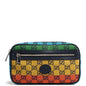 A rectangular Gucci cosmetic pouch featuring a multicolor rainbow stripe design with black GG Supreme monogram canvas. The pouch has a top zipper, a horizontal zippered pocket, and a central oval logo patch, shown against a plain white background.