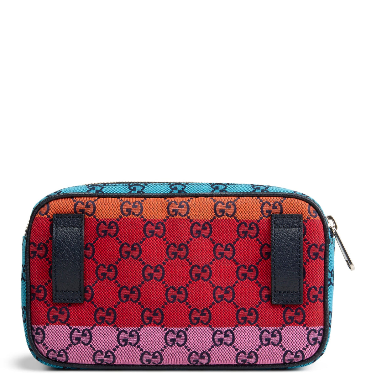 A rectangular Gucci cosmetic pouch featuring a vibrant multicolor GG monogram canvas with horizontal stripes of blue, orange, red, and pink, accented by dark navy leather tabs and a silver zipper pull.