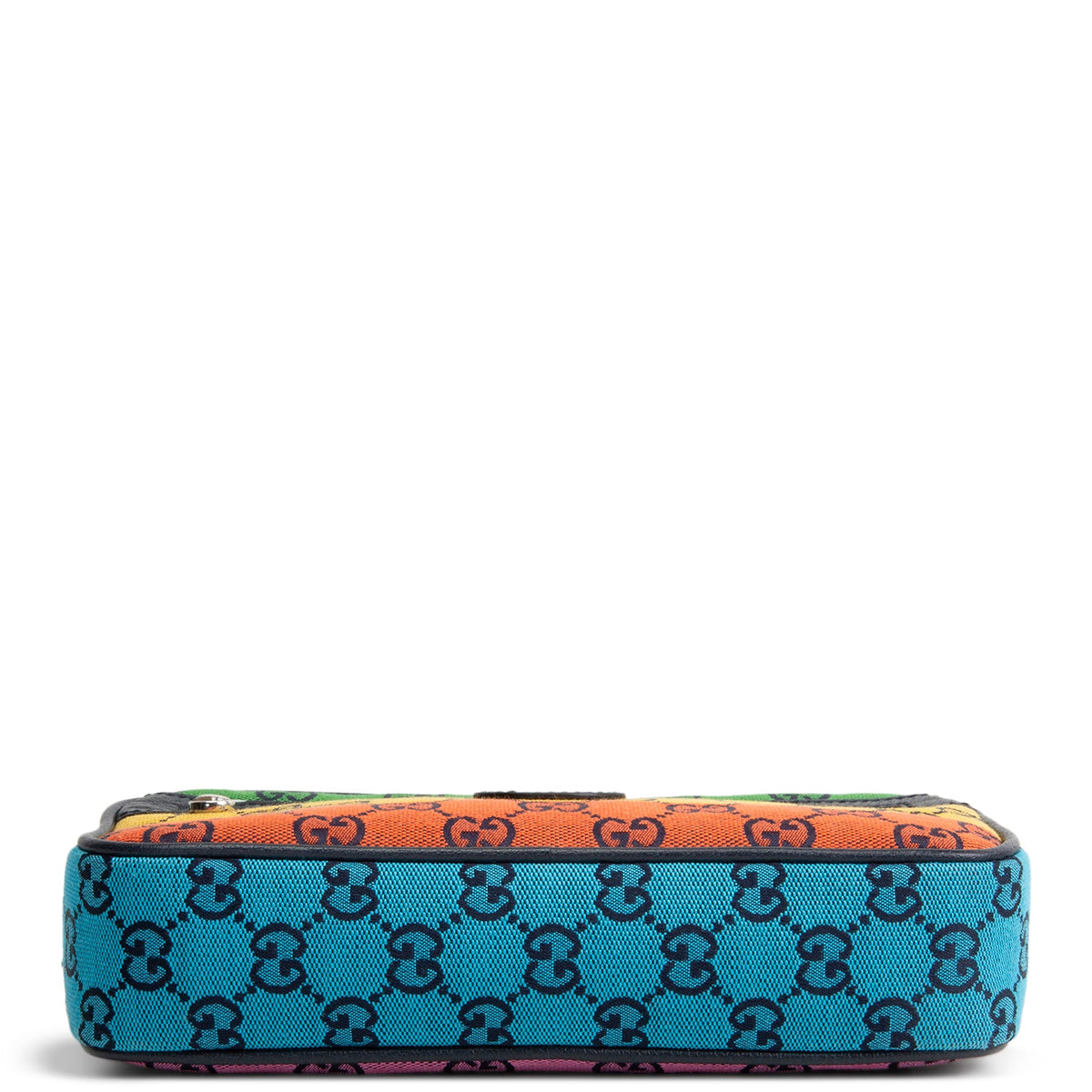 A Gucci zip-around pouch featuring a turquoise blue and black GG Supreme canvas body, with a vibrant orange top panel decorated with multicolor floral prints.