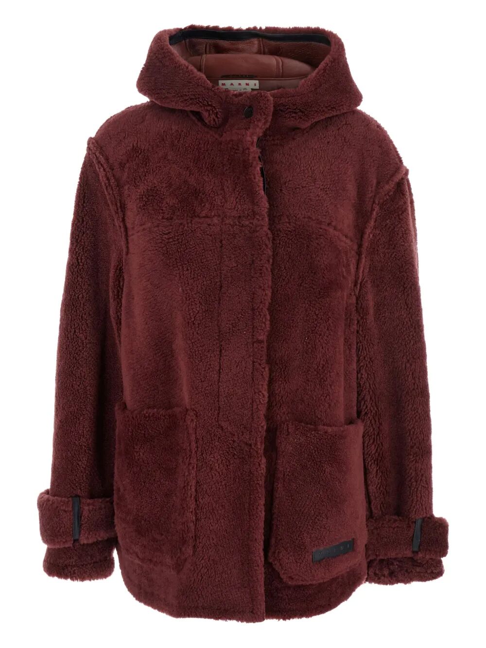 Maroon fleece jacket with a hood on a white background