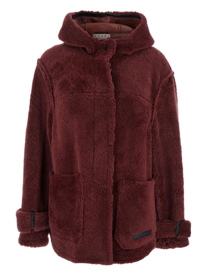Maroon fleece jacket with a hood on a white background