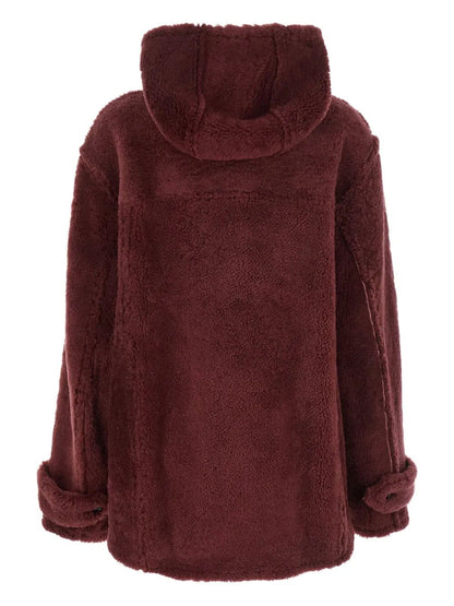 Brown fleece jacket with hood on a white background