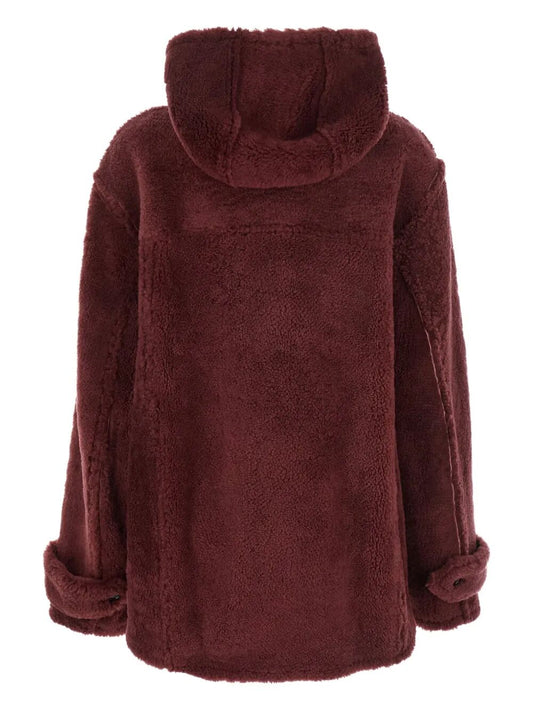 Brown fleece jacket with hood on a white background