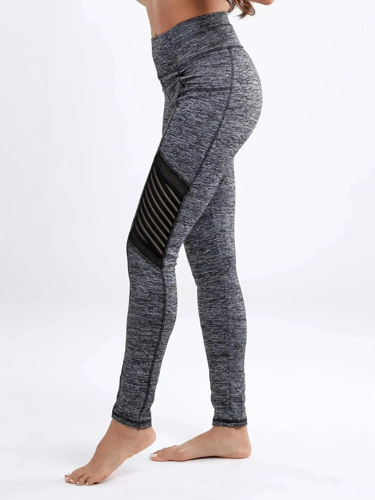 Gray leggings with black stripes on a white background