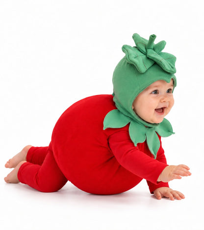 A baby crawling on a white studio background wearing a strawberry costume with a red one-piece outfit and a green leafy hat.