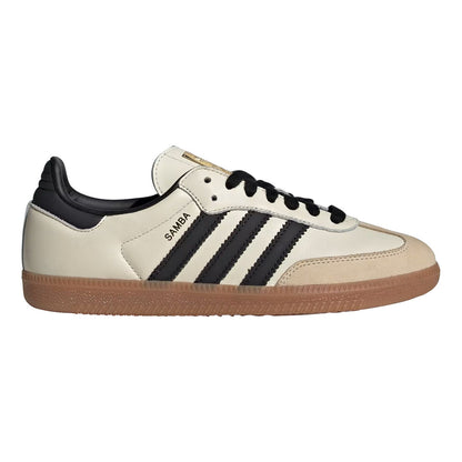 An Adidas Samba sneaker in cream leather with black stripes, black laces, a black heel tab, and a brown gum sole, shown from a side profile on a white background.