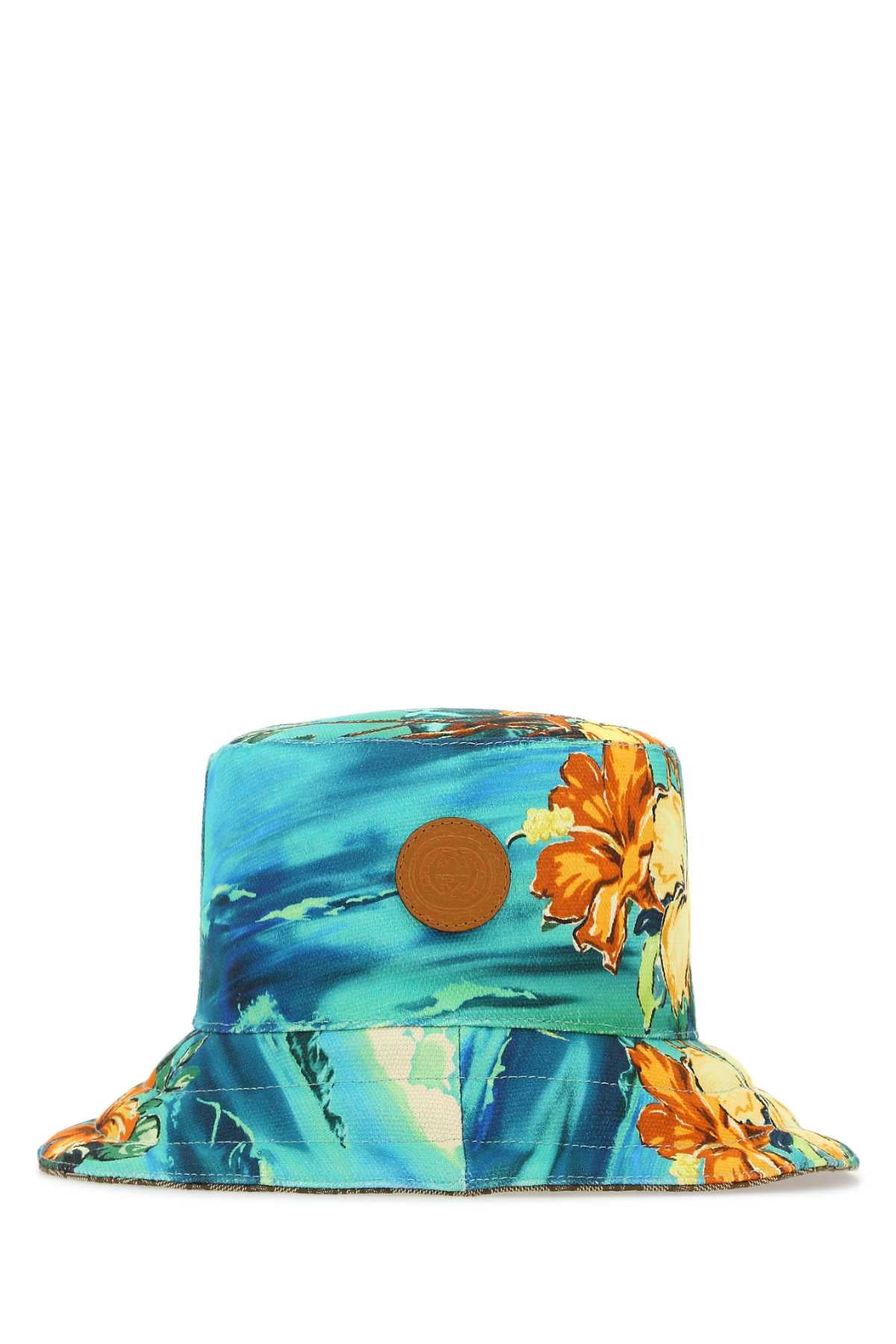 Colorful bucket hat with floral design on a white background