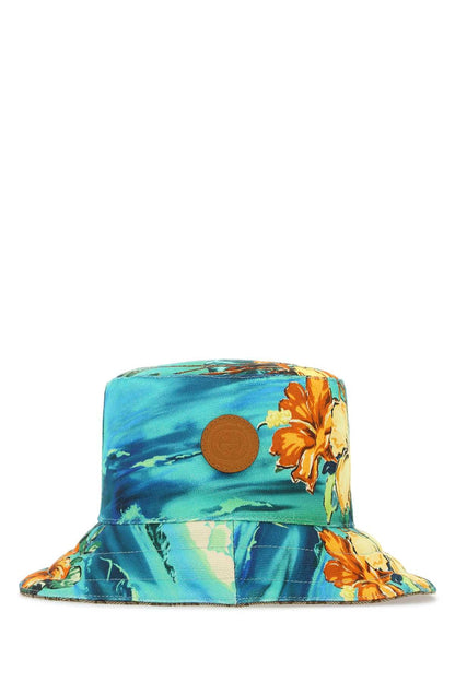 Colorful bucket hat with floral design on a white background
