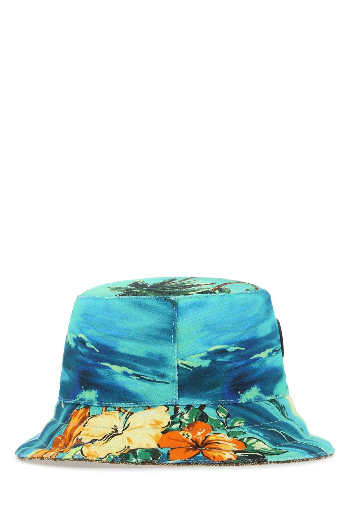 Bucket hat with tropical floral design on a white background