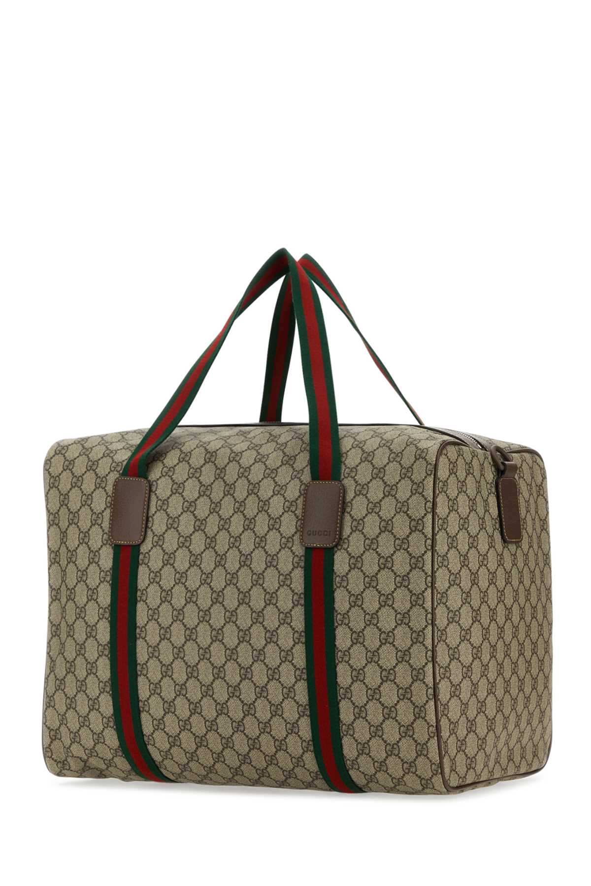 Beige travel bag with green and red stripes on a white background