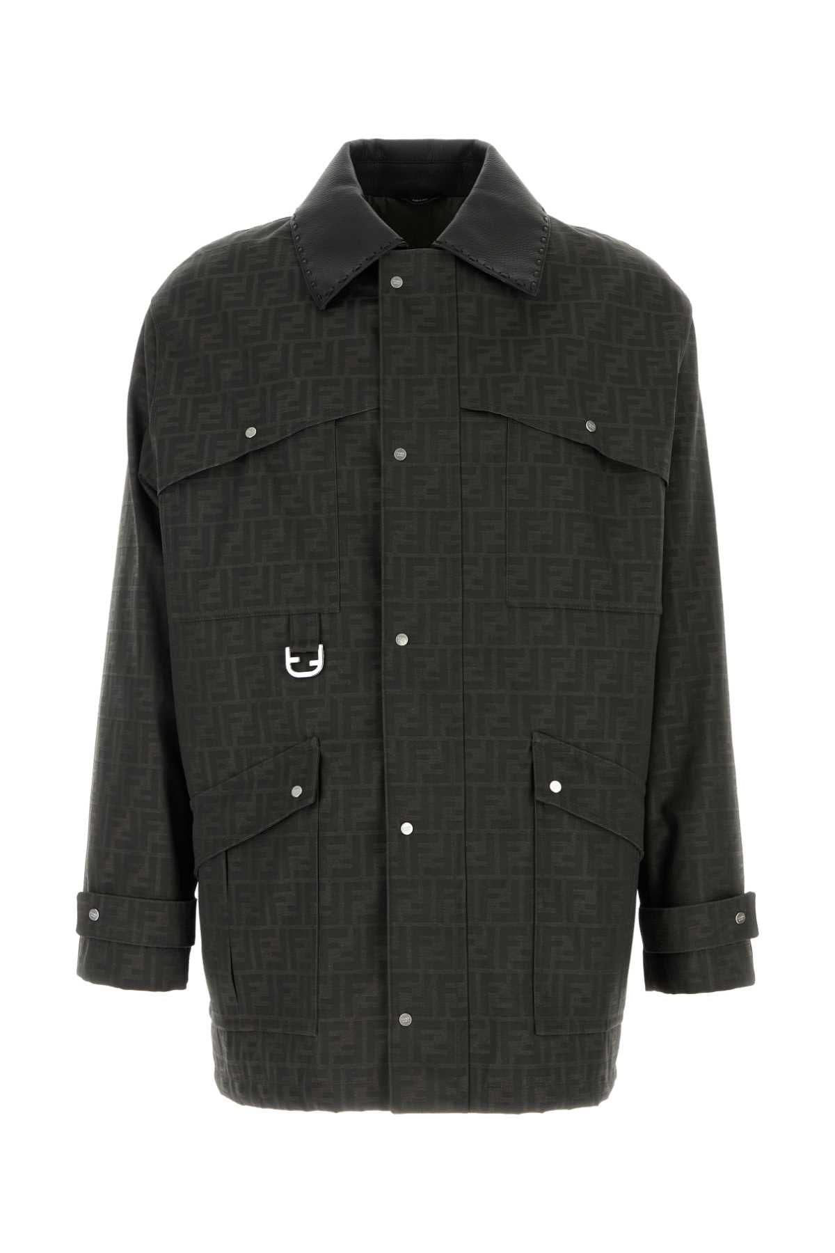 Dark gray jacket with button details on a white background