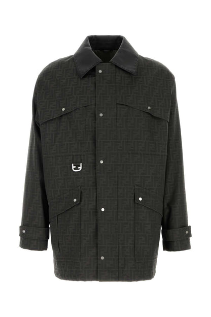 Dark gray jacket with button details on a white background