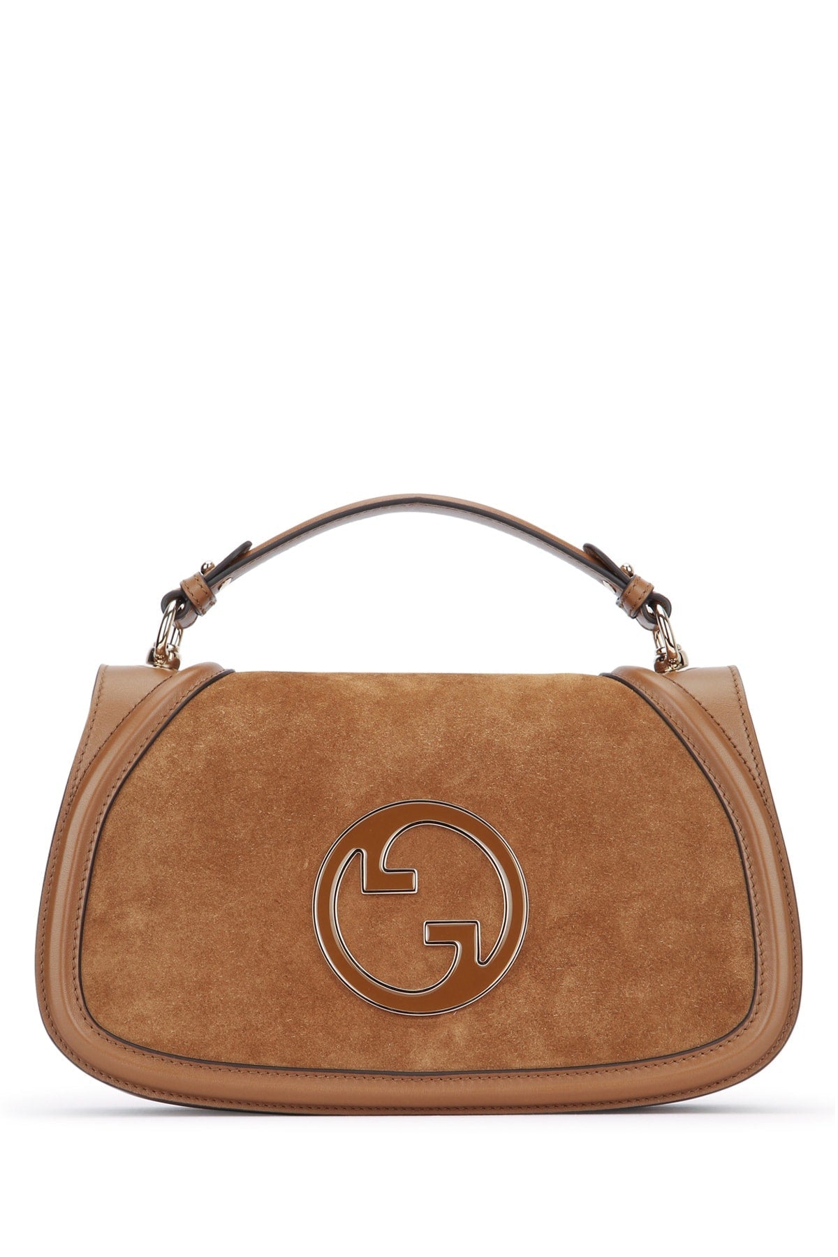 Brown handbag with a prominent logo on a white background