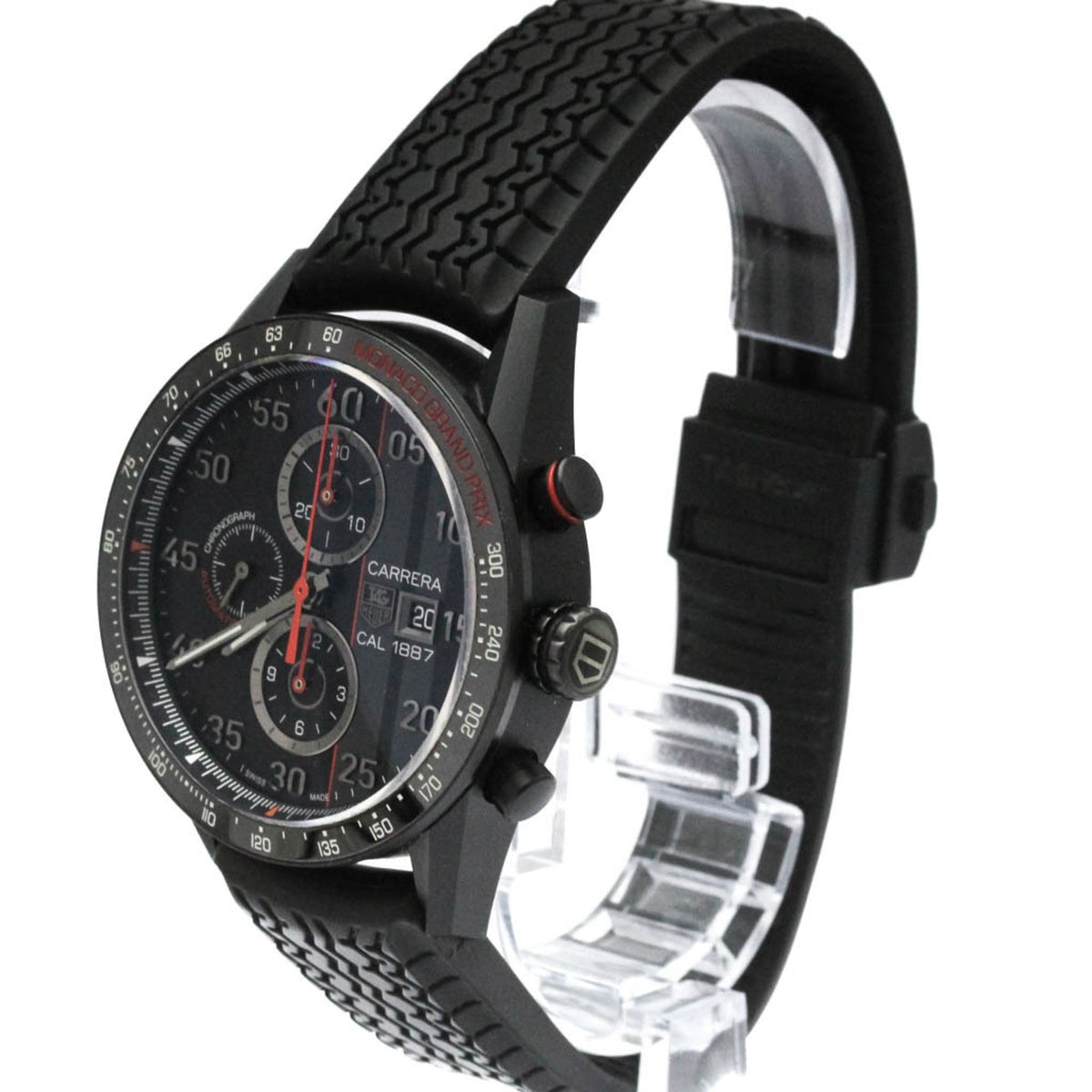 Black wristwatch with detailed face on a white background