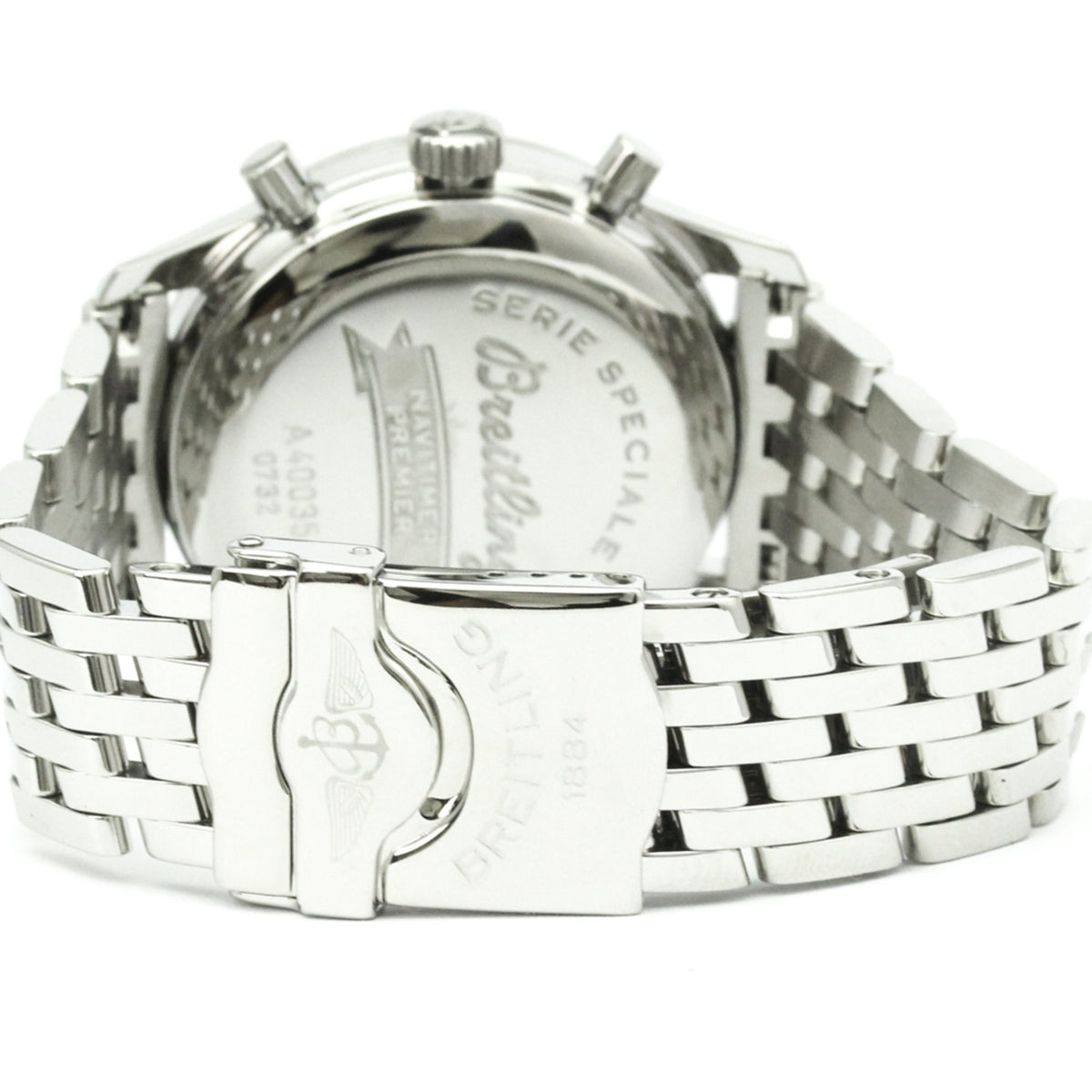 Close-up of a silver Breitling watch with detailed branding on a white background