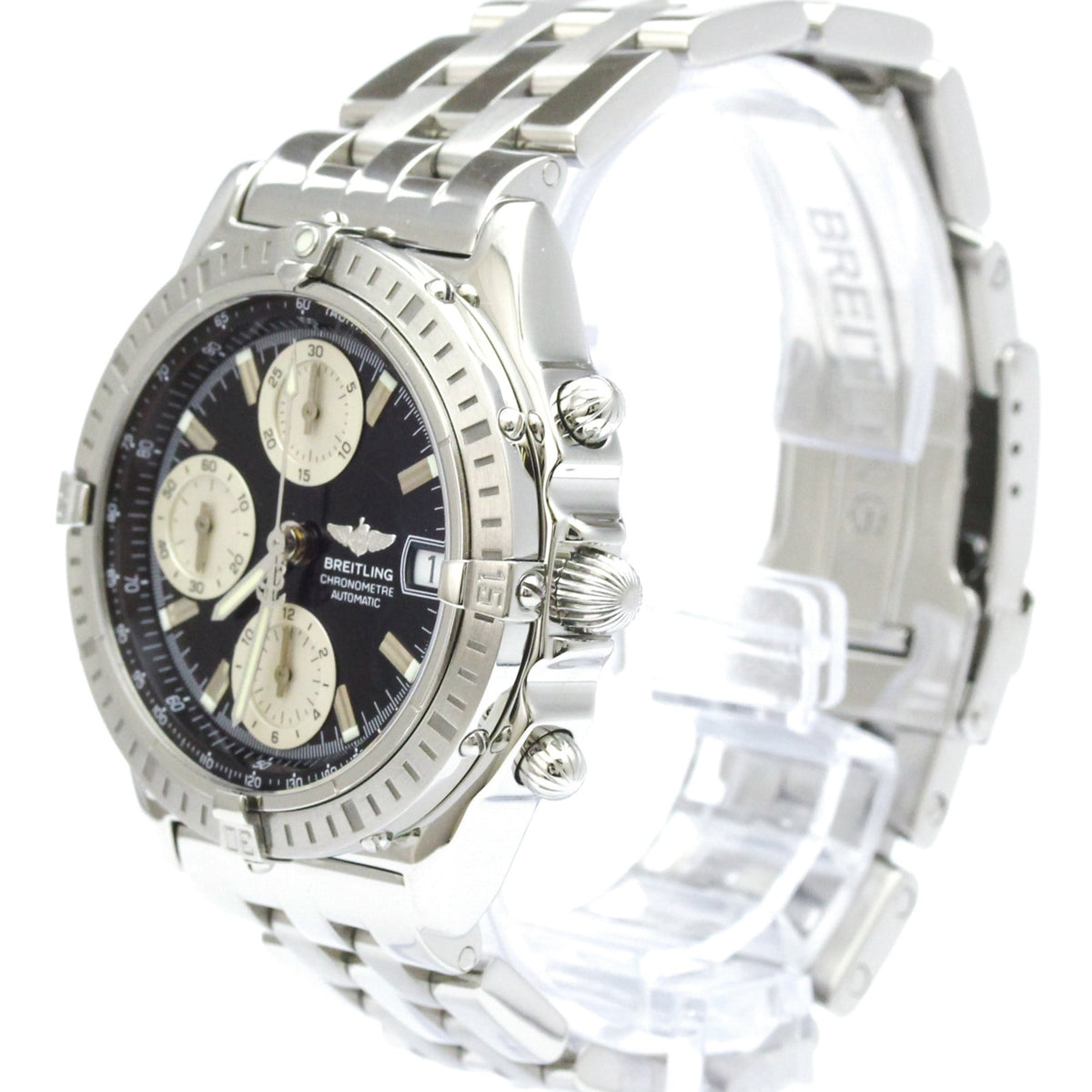 A Breitling Super Marine chronograph watch with a silver stainless steel case and link bracelet, featuring a black dial with three cream-colored subdials.