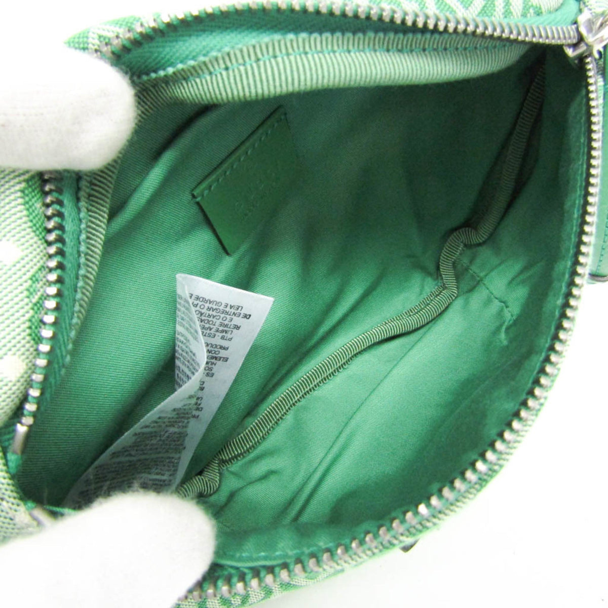 Green bag interior with a label inside