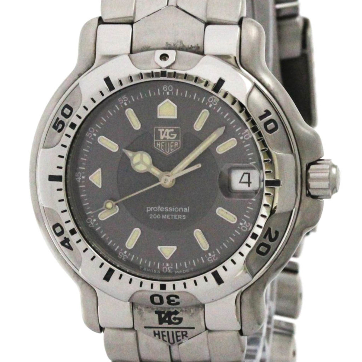 Silver watch with a dark face on a white background