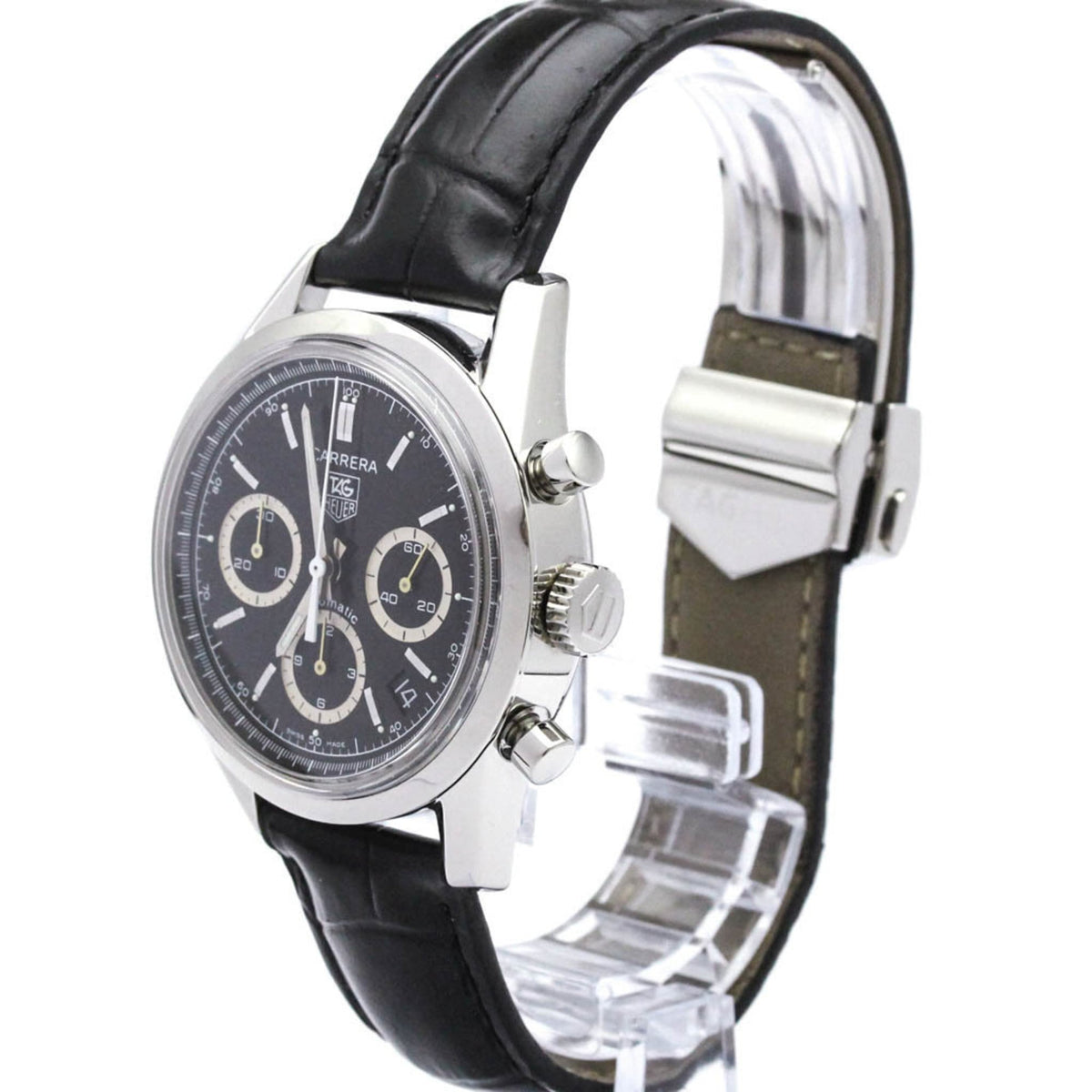 Wristwatch with black leather strap and silver case on a white background