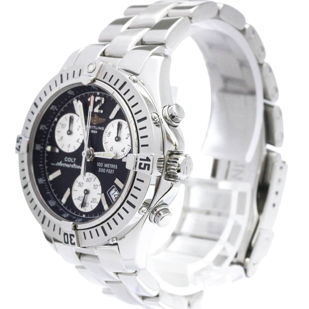 A silver stainless steel Colortone wristwatch with a black dial, featuring three white sub-dials, a rotating bezel, and a matching silver metal link bracelet.