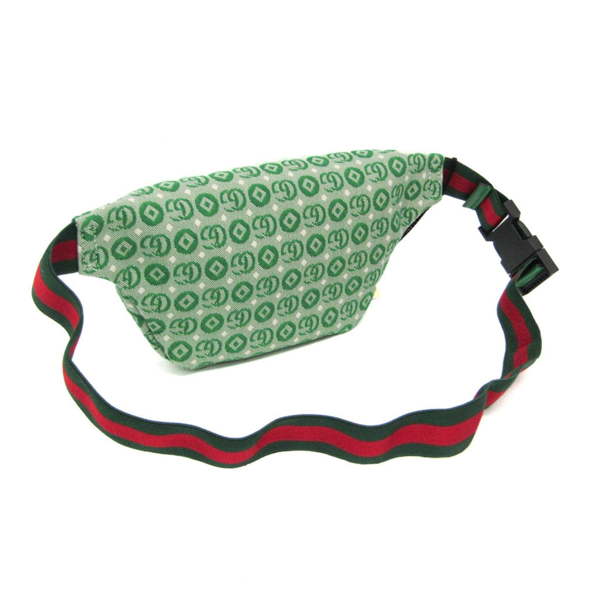 Green patterned waist bag with red and black strap on a white background