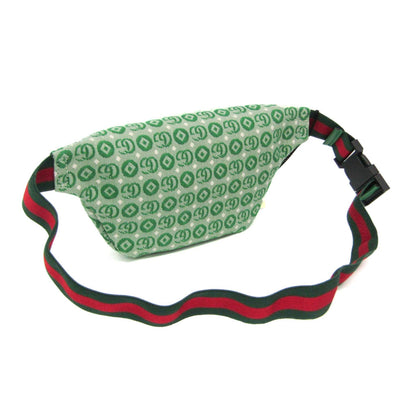 Green patterned waist bag with red and black strap on a white background