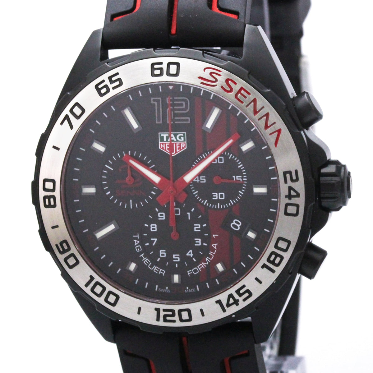 A Secca x Tag Heuer Formula 1 chronograph watch with a black and red strap, black dial, and a silver bezel, shown against a white background.