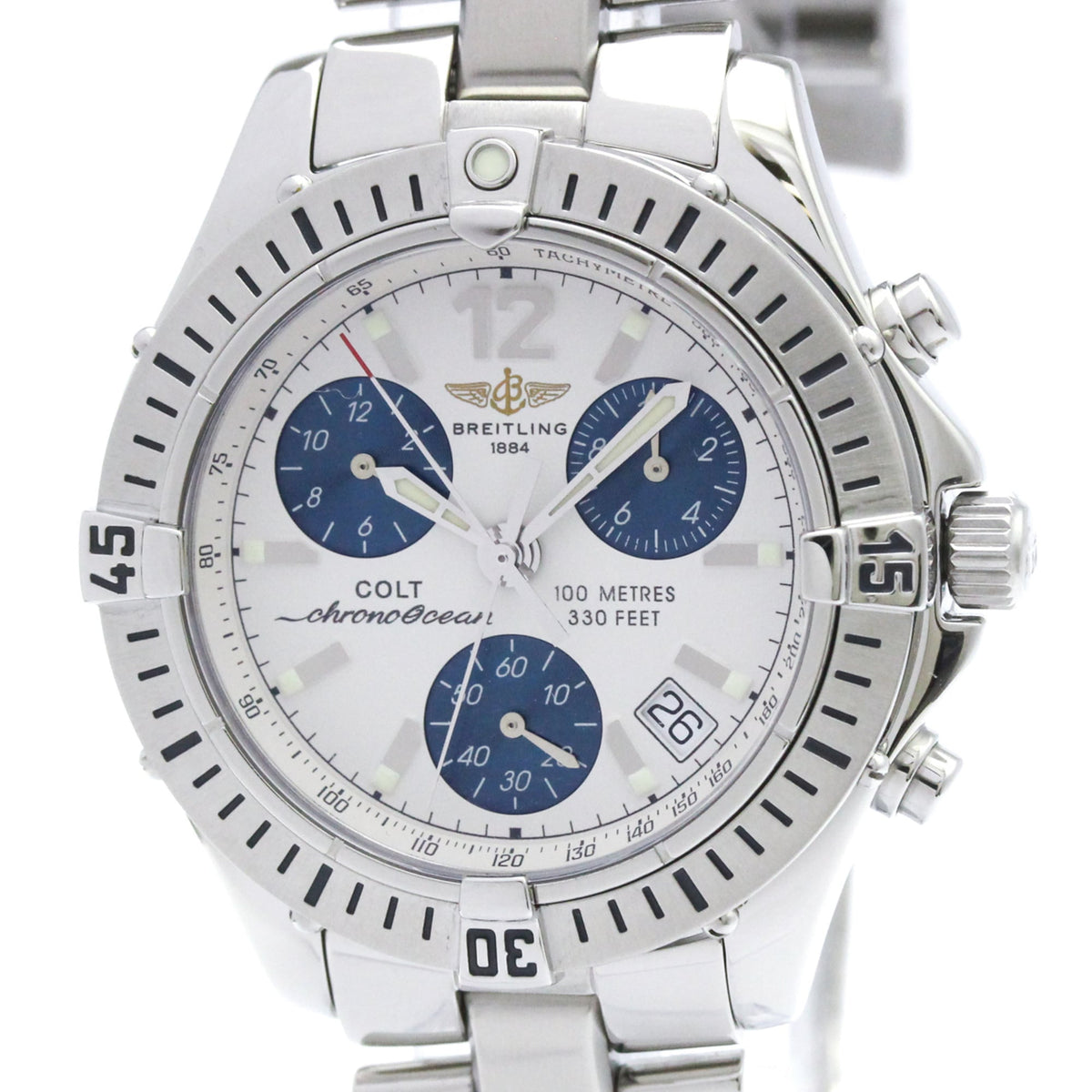A Breitling Colt Chronocean wristwatch with a silver stainless steel case and link bracelet, featuring a white dial with three blue subdials and black bezel markings.